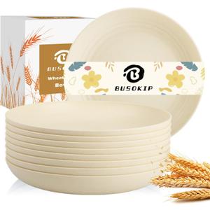 Deep Dinner Plates Set of 8, Wheat Straw Plate 9 Inch, Lightweight and Unbreakable Plastic Plate Reusable, Microwave & Dishwasher Safe Camping Plates for Picnic, Outdoor, Travel (Beige)
