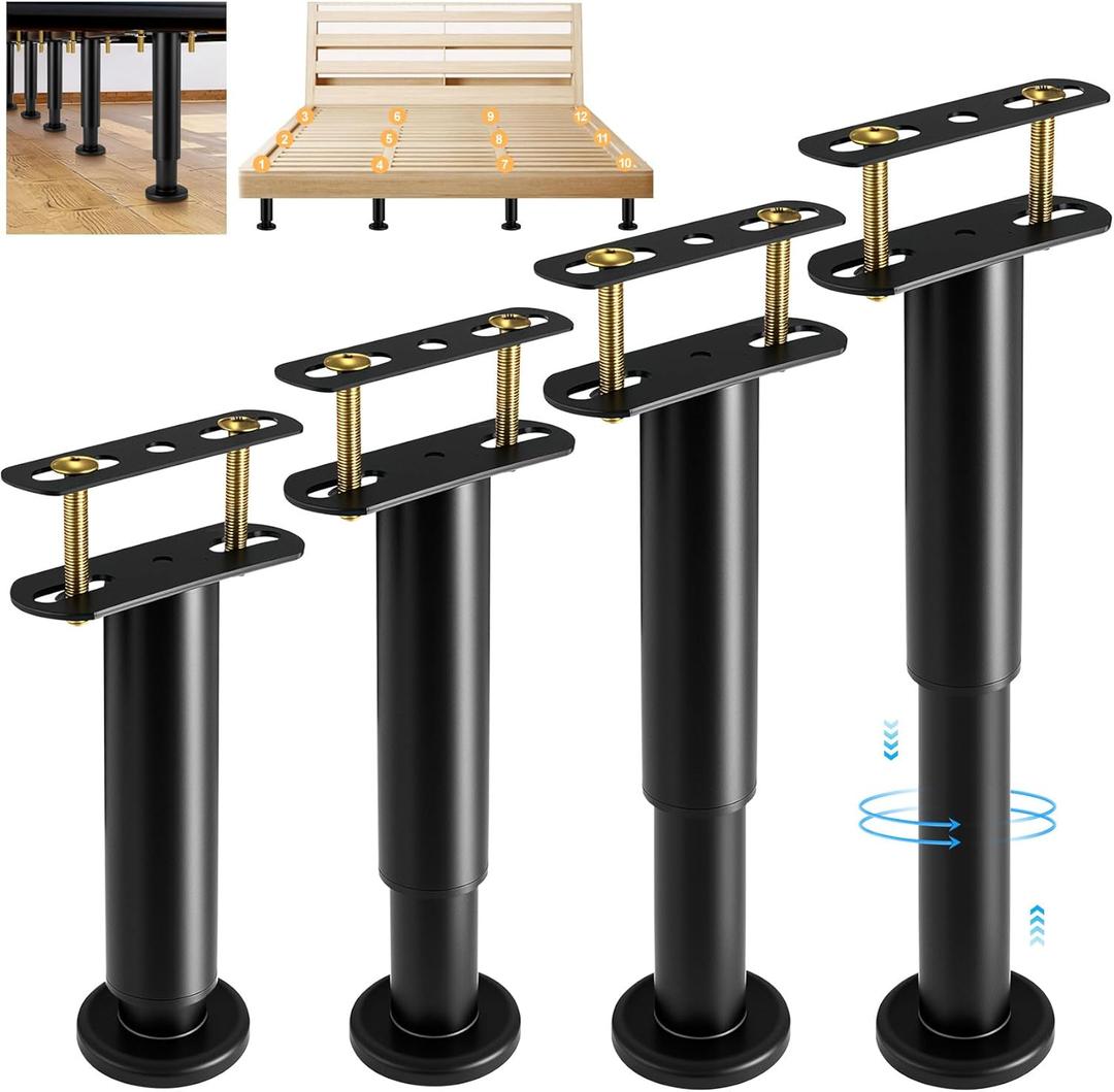 4 Pcs Adjustable Height Bed Support Legs 7.08-12.6 inch, Upgrade Under Bed Center Support Leg, legs for Bed Frame/ Bed Slat/ bed risers/ furniture legs, bed feet Heavy Duty Metal Bed Replacement Legs