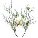 MOSTORY Green Flower Branch Headband - Handmade Tree Hairband with Butterfly Woodland Headband Floral Forest Crown for Women Renaissance Renfaire Woodland Costume Cosplay Photoshoot