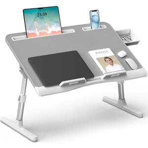 Laptop Bed Desk, X-Large Leather Adjustable Computer Bed Table Tray, Foldable Laptop Lap Desk for Bed Sofa Couch Floor Writing Eating Working with Drawer 2 Movable Stoppers (23.6 inch, Grey)