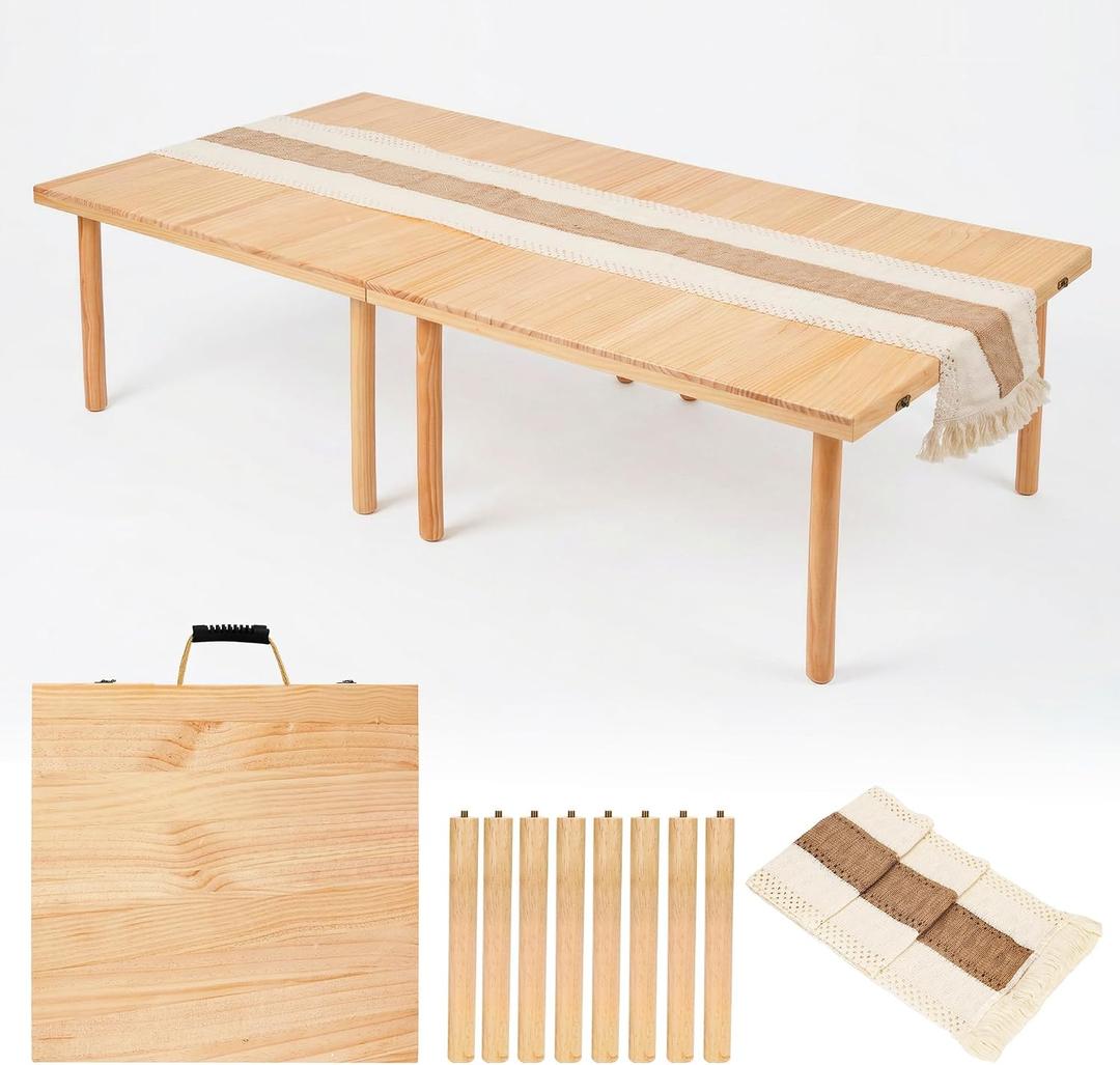 Wooden Folding Picnic Table - 60" x 30" Boho Low Picnic Table with Table Runner, Foldable Table for Indoor Outdoor Camping, Wedding, Beach, Garden, Party, 60" x 30" x 15.7"