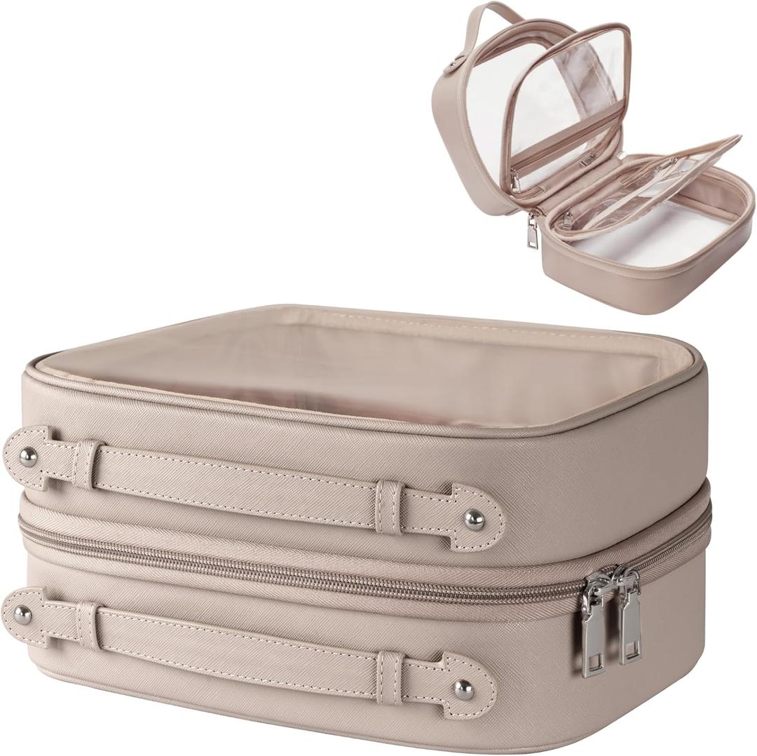 Clear Cosmetic Bag Double Layer Travel Toiletry Bag Clear Makeup Bag Case with 4 Compartments, Transparent Travel Bag for Toiletries, Large Toiletry Bag for Women Cosmetic Case (Taupe, Large)