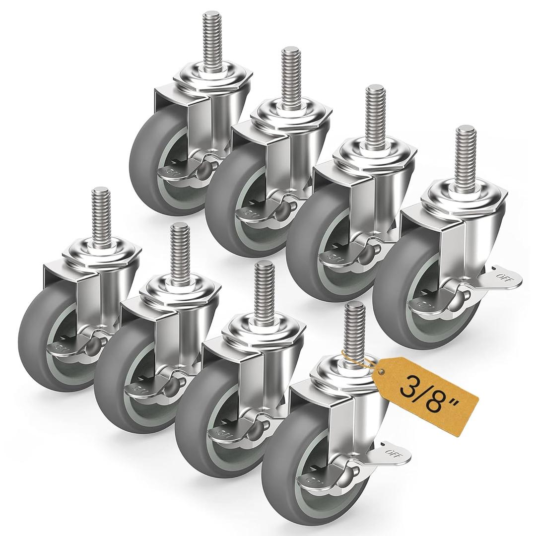 HOLKIE Caster Wheels 3 inch Locking Stem Casters, 3/8" -16 x 1-1/2" (Stem Diameter 3/8", Stem Length 1-1/2") Threaded Stem Casters Swivel Casters Set of 8 Heavy Duty Castors Gray