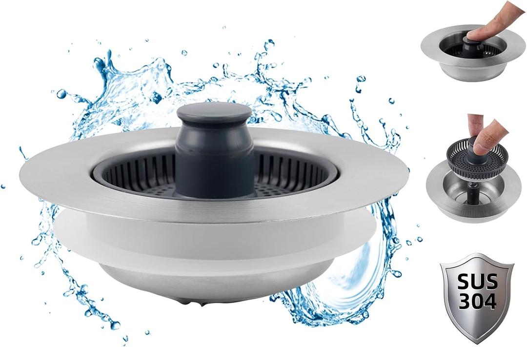 Hibbent Upgraded 3 in 1 Kitchen Sink Drain Strainer and Stopper Combo, Stainless Steel Metal Pop Up Sink Stopper, Anti-Clogging Basket Strainer with Handle for US Standard 3-1/2 Inch Drain (Chrome)