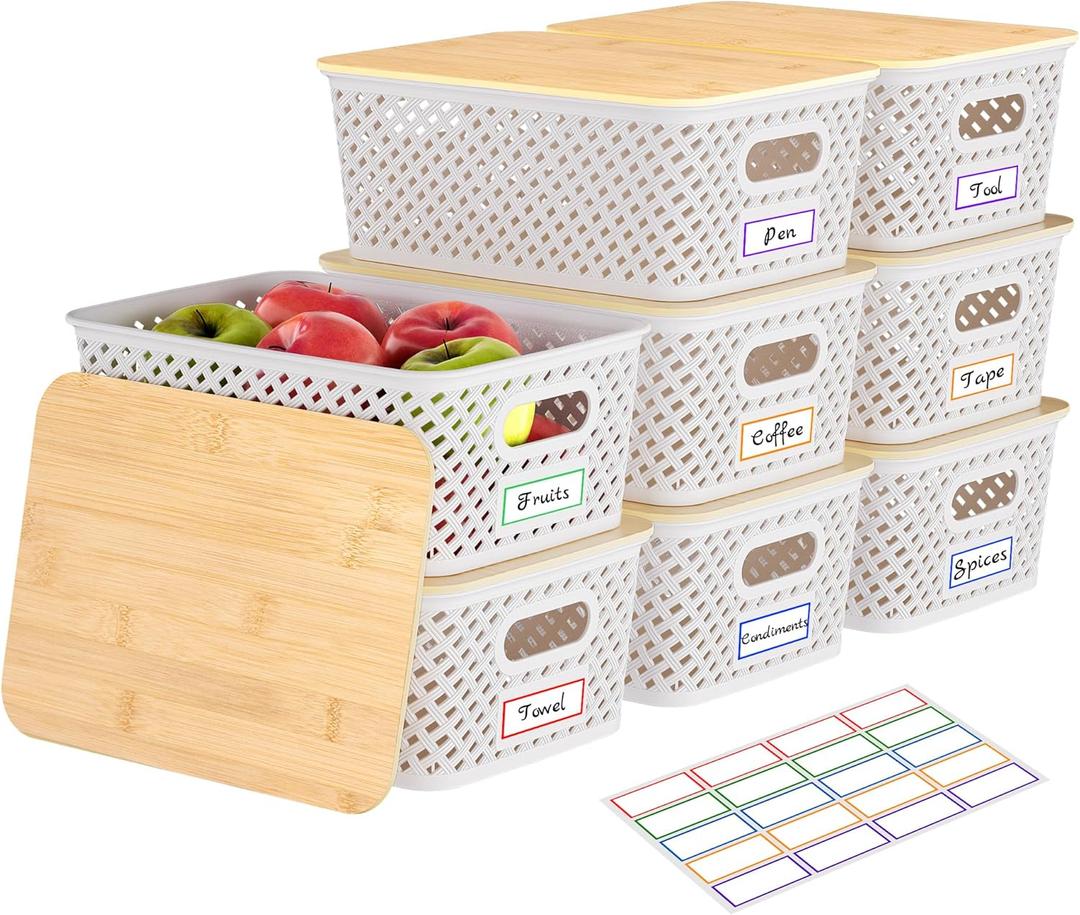 Anysig 8 Packs Plastic Storage Bins with Bamboo Lids - Stackable Storage Bins Decorative Small Basket Containers for Organizing Shelves Office Classroom Desktop Closet, Cream White