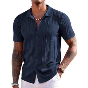 COOFANDY Men's Knit Shirts Short Sleeve Button Down Polo Shirt Fashion Casual Summer Beach Shirts (Blue, L)
