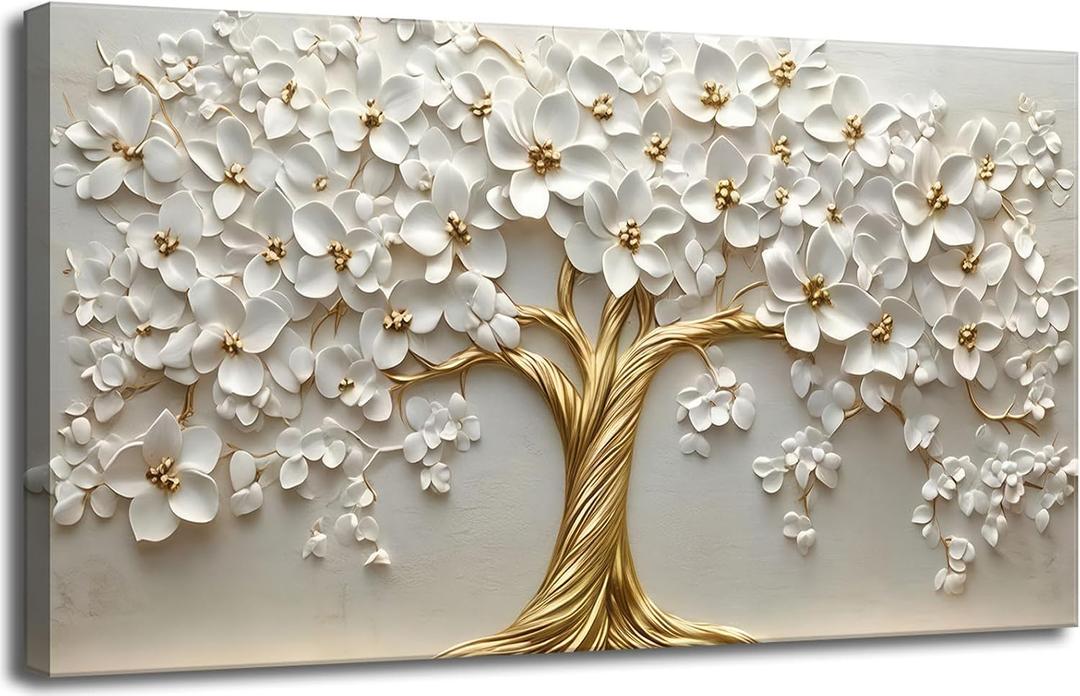 Large Living Tree Room Canvas Wall Art Abstract Tree of Life Decor painting Pictures Nordic Gold White Flowers Poster Prints for Bathroom Bedroom Office Hallway Home Decoration, 48"L x 24"W