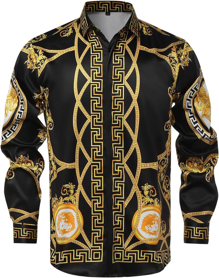 Mens Luxury Brand Print Silk Satin Design Button Down Dress Shirt (Black, M)