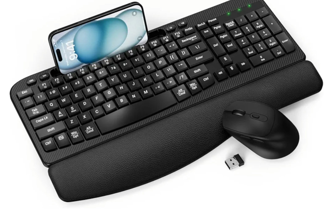 Wireless Keyboard and Mouse Combo, 2.4G Full Size Wave Keys Ergonomic Keyboard with Wrist Rest and 3 Level DPI Adjustable Wireless Ergonomic Mouse for Windows, Mac OS Desktop/Laptop/PC(Black)