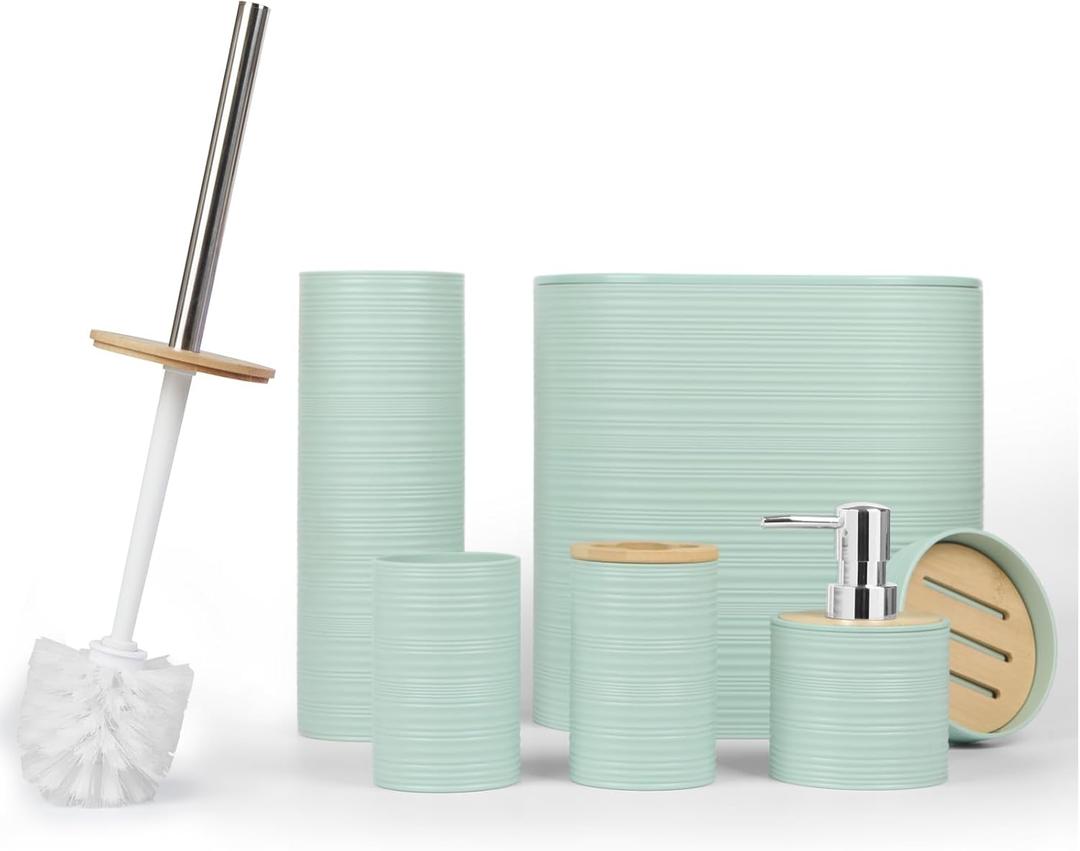 Bathroom Accessories Bath Set of 6, Toothbrush Holder, Soap Dispenser, Trash Can, Soap Dish, Toothbrush Cup and Toilet Brush Holder, Green (Green-bamboo Lid)