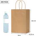 vanhel 200 Pack Brown Paper Bags with Handles,8x4.25x10.5 Inches,Gift Bags Medium Size,Gifts Bag Bulk for Festival,Birthday,Favor,Party,Shopping,Retail Merchandise.