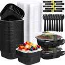 Sliner 100 Pcs 10 oz Mini Cake Pans with Lids Aluminum Foil Disposable Baking Loaf Tins, Spoon, Stickers, Square Cupcake Container for Muffin Ramekins Brownie Wedding Birthday Party(Black Silver)