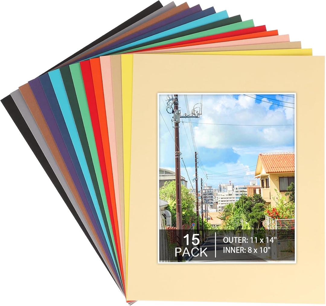 Prudiut 15 Pack 11x14 Picture Mats, Mixed Colors Frame Mattes for 8 x10 Pictures Photo Frame Mat Core Bevel Cut Mat Board Show Kit for Photos, Prints, Artworks