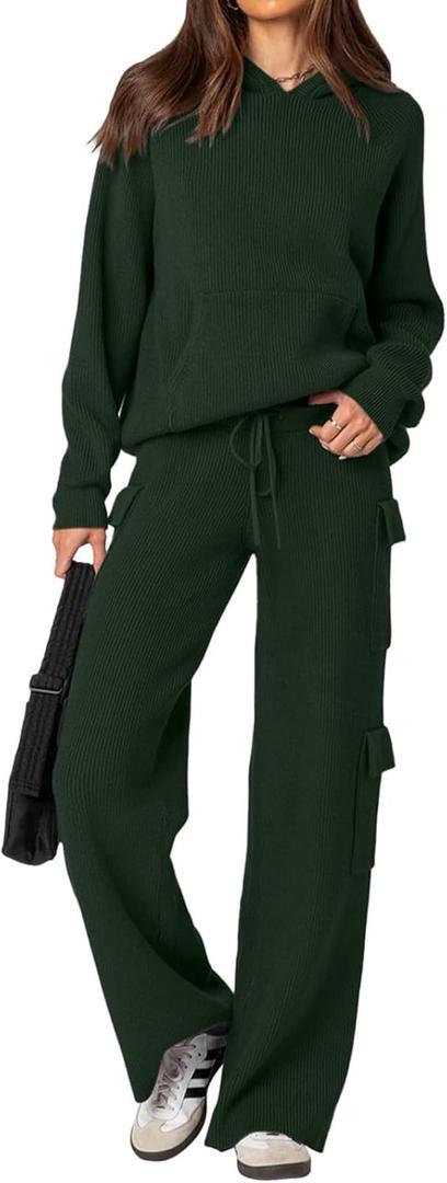 REORIA Women 2 Piece Knit Sweater Set Lounge Hoodie & Cargo Pants Outfit for Fall Winter 2024 Travel Style (Green, M)