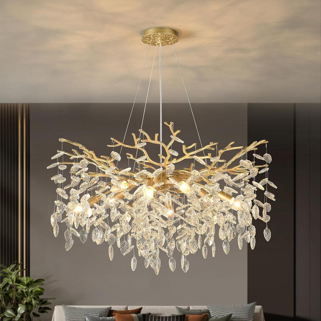 32" 10-Light Modern Crystal Chandelier Round Gold Tree Branch Chandeliers | K9 Crystal Leaf Chandelier, Large Living Room Light Fixture, Bathroom Dining Room Foyer Kitchen, Easy to install