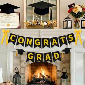 4 x Graduation Decorations 2026, Congrats Grad Banner with Ribbon Bows Black and Gold Graduation Party Decorations, Congratulation Class of 2026 Banner for Home School College Graduation