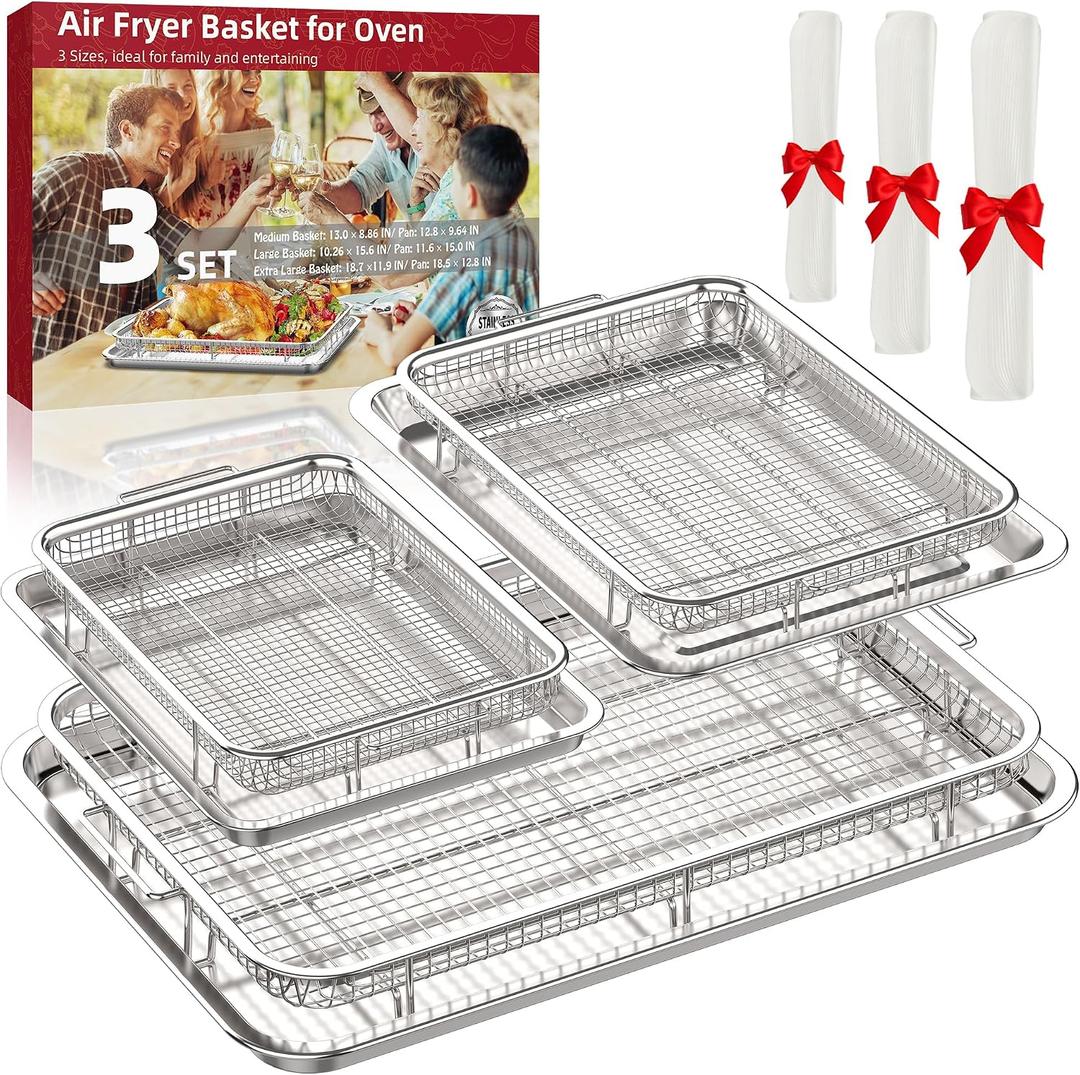 Air Fryer Basket for Oven, 3 Set Stainless Steel Oven Air Fryer Basket and Tray with 90 PCS Parchment Papers, OPENICE Air Fryer Pans and Crisper Tray - 18.7" x 12.8", 15.6" 11.6" & 12.8" 9.6"
