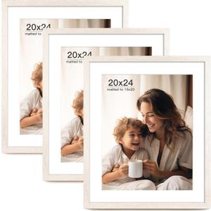 20x24 Picture Frame with Mat for 16x20 Set of 3, Distressed White Wood Grain 20x24 Frame for Horizontal & Vertical Wall Mounting (3 Pack,White)