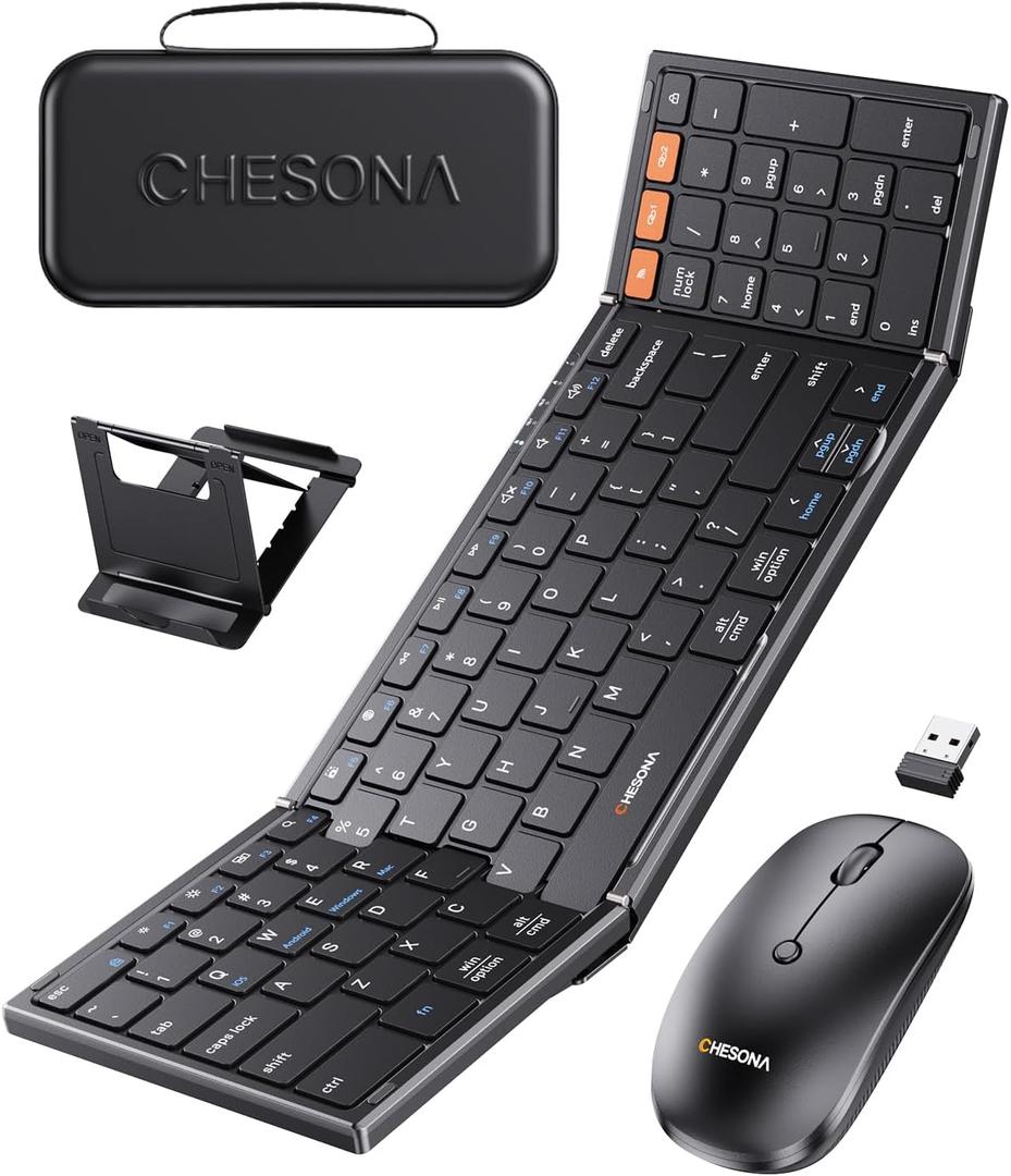 CHESONA Foldable Keyboard and Mouse Combo - Ultra Slim 600g with 2.4G+Dual Bluetooth Compact Wireless Folding Keyboard with Stand - Portable for Business/Travel with Case - Win/Mac/iOS/Android - Black