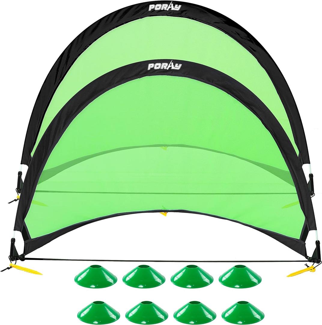 Poray Soccer Goal for Kid Easy-up Set of Two Portable Soccer Net 210D Oxford with 8 Field Marker Cones Extra Stakes Fun for Backyard and Soccer Training