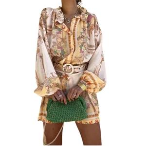 ksotutm Womens 2 Piece Outfits Boho Lantern Sleeve Button Down Floral Print Shirt Shorts Tracksuit Lounge Set Shorts Set.M
