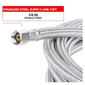 10 Ft Braided Stainless Steel Supply Line, Ice Maker Hose with 1/4 in Fittings on Both Ends with 3/8 x 3/8 x 1/4 Brass Compression Outlet Stop Valve Tee Adapter for Drinking Water