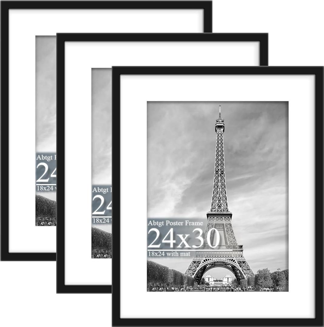 Abtgt 24x30 Frame Set of 3, Display Pictures 18x24 with Mat or 24x30 Without Mat, Vertical & Horizontal Wall Decoration Picture Frame for Photos, Posters & Art Prints, Black