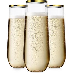 48 Pack Champagne Flutes Plastic, 9 Oz Disposable Stemless Mimosa Gold Rim Toasting Glasses, Clear Crystal Plastic Cocktail Cups for Party Wedding Birthday