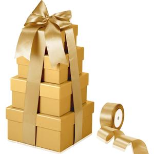 Clabby 4 Pcs Nesting Gift Boxes with Lids, Square Stacking, Assorted Sizes Decorative Boxes with Ribbon for Presents for Birthdays Christmas Valentine Mother's Day DIY(Gold)