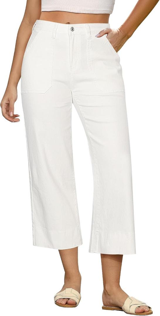 GRAPENT Capri Jeans for Women High Waisted Wide Leg Trendy Stretchy Loose Straight Cropped Denim Jeans Pants with Pockets, 2XL