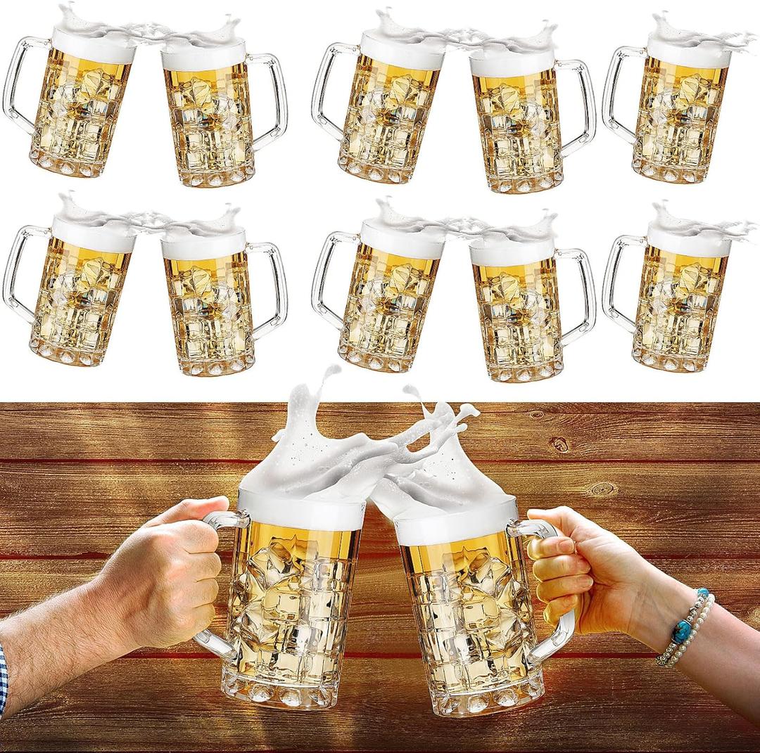 Mifoci 10 Pcs Plastic Beer Mug with Handles 16 oz Acrylic Beer Stein Bulk Oktoberfest Clear Glasses Drinking Cups for Bar Cocktail Juice Alcohol Soda Party, Dishwasher Safe