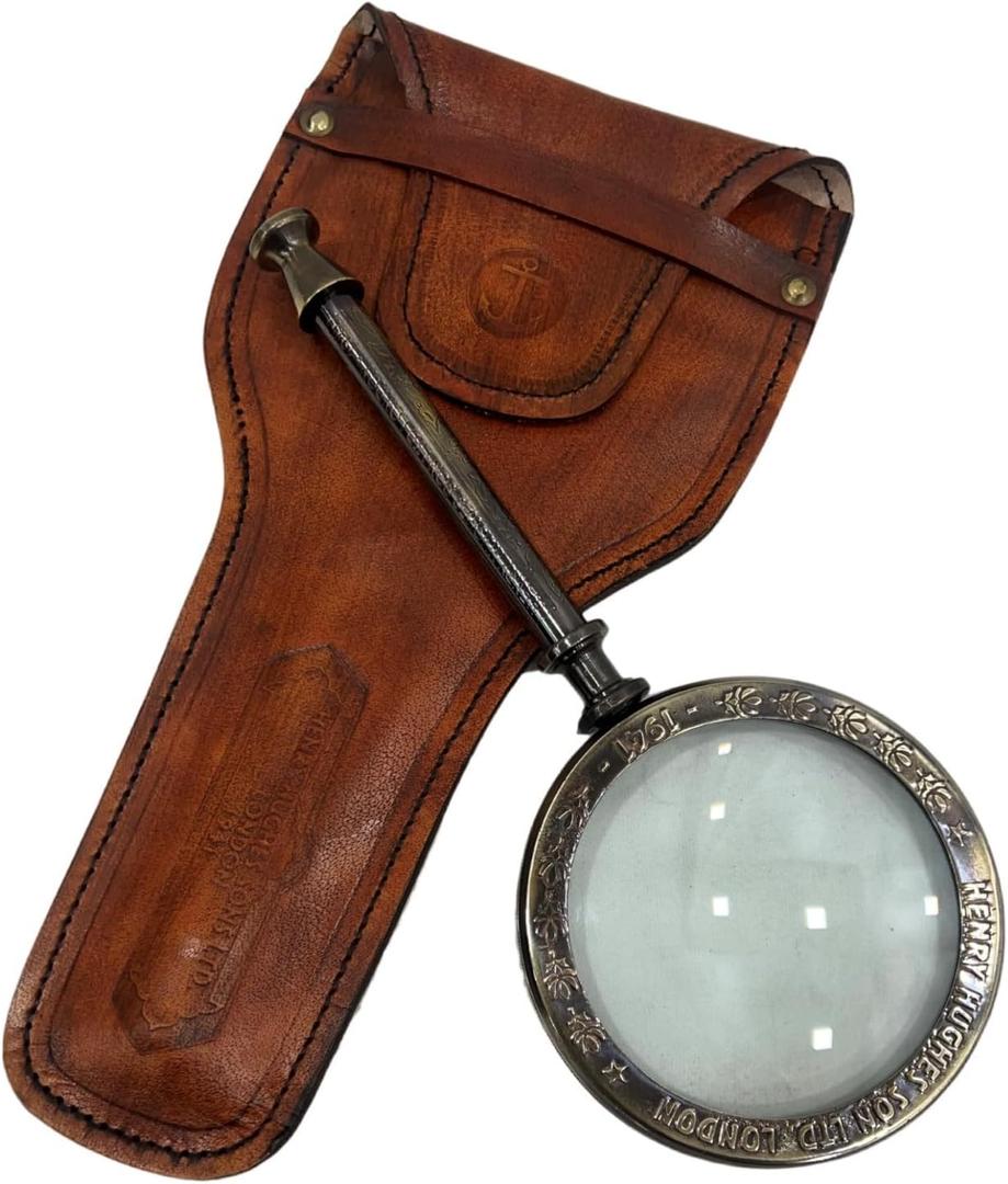 Antique Henry London Marine Handheld Magnifying Glass Astrologers Leather Case Brass Instrument Map or Coin Reading Lens Brown Vintage Magnifier