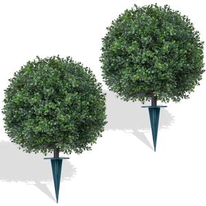 Yangrass 2Pcs Artificial Boxwood Topiary Ball Tree, UV Resistant Artificial Outdoor Shrubs with Spike, Decorative Evergreen Fake Topiary Bushes Plant for Front Porch Garden