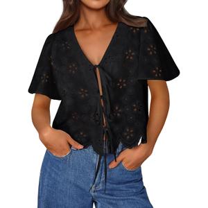 Trendy Queen Womens Summer Tops Cute Boho Blouses Beach Vacation Spring Outfits 2026 Tie Front Eyelet Embroidered Clothes (Black, M)