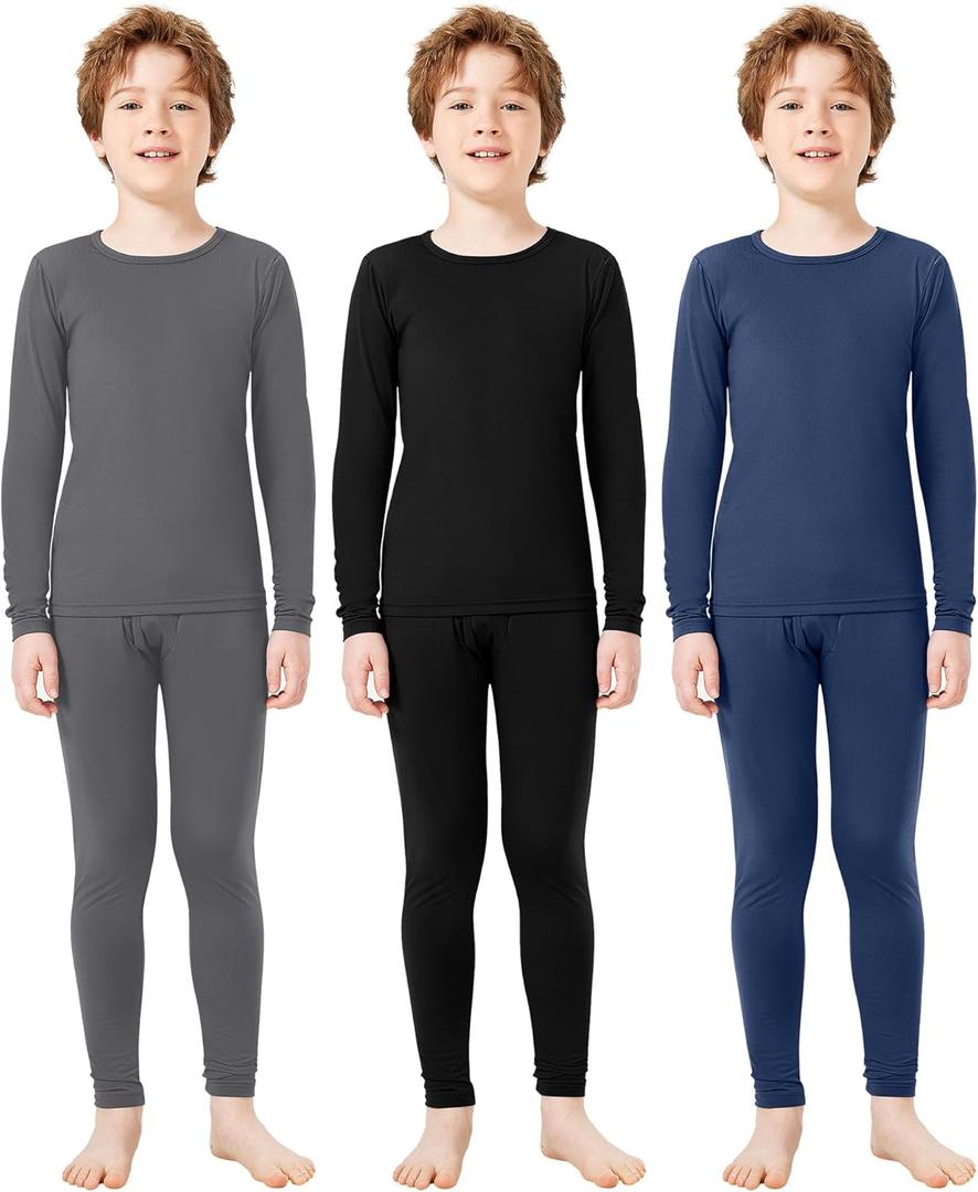 Silkfly Boys Thermal Underwear Set Base Layer Fleece Lined Underwear for Kids Shirt and Pants for Boys Winter (X-Large, Gray, Dark Blue, Black)