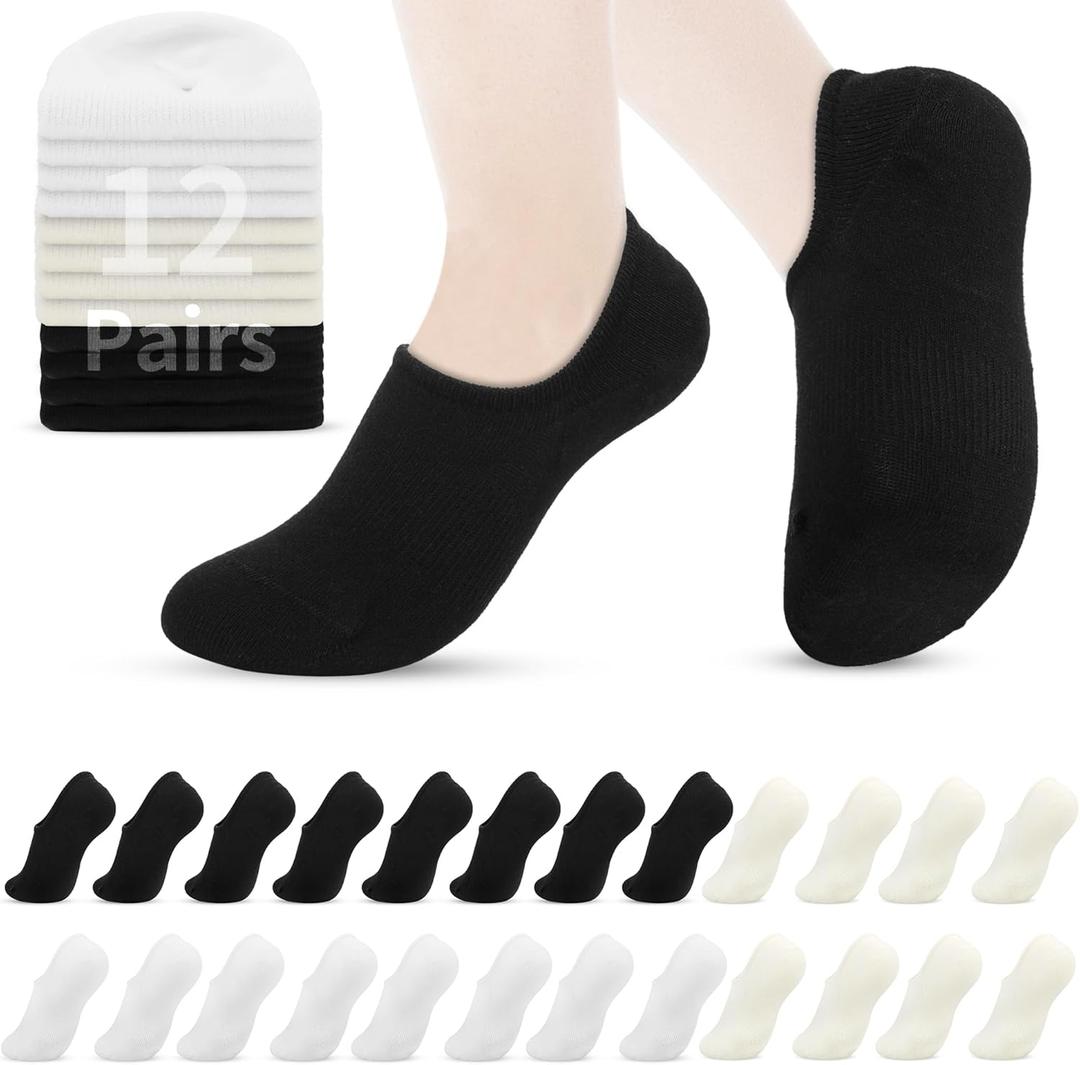 VOROLO No Show Socks for Womens,Low Cut Ankle Non Slip Flat Boat Invisible Liner Cushion Athletic Socks (Medium, 12pairs-offwhite4+beige4+black4)