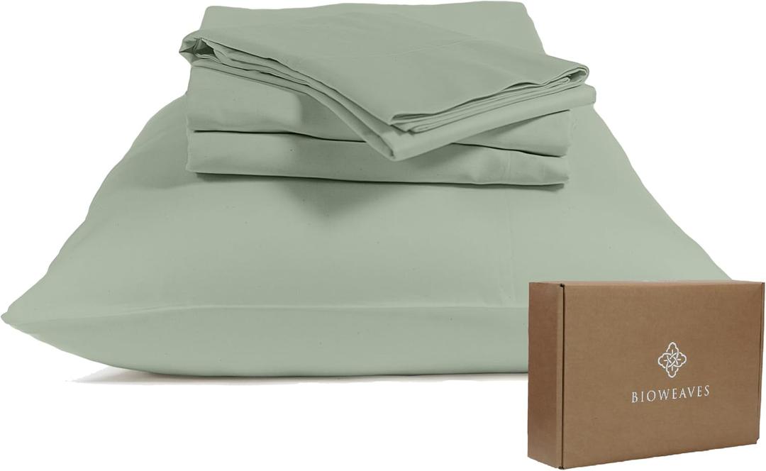 BIOWEAVES 100% Organic Cotton Sheets, 300 Thread Count 4-Piece GOTS Certified Bed Sheet Set Fits Mattress Upto 17" Deep Pocket, Soft & Silky Sateen Weave (King, Basil)
