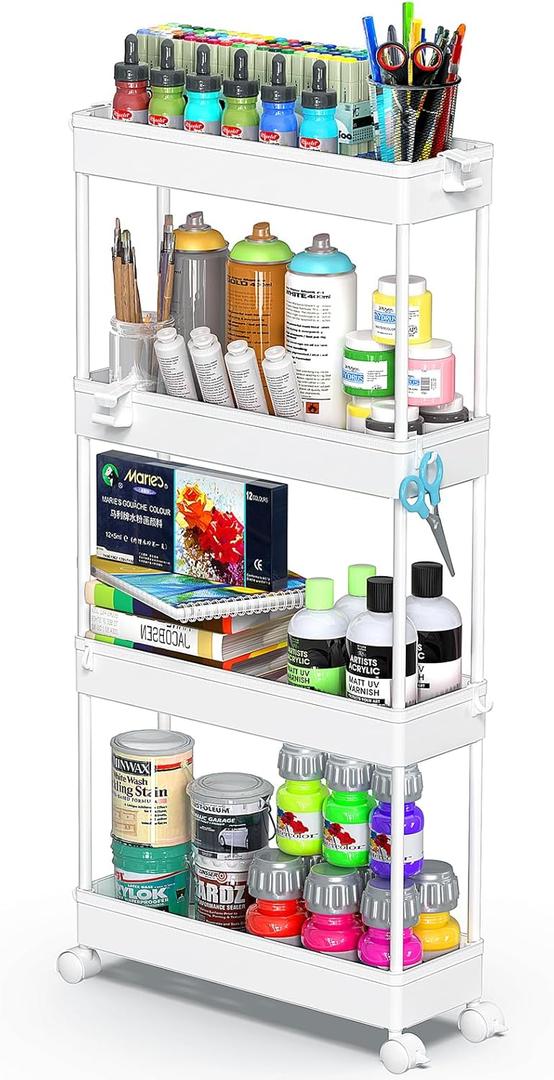 SPACEKEEPER Slim Rolling Storage Cart 4 Tier Bathroom Organizer Mobile Shelving Unit Utility Cart Tower Rack for Kitchen Laundry Narrow Places, White