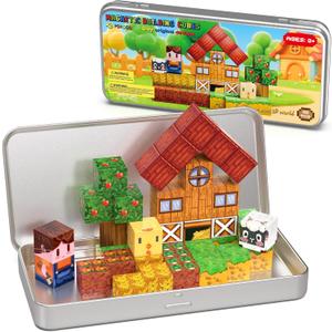 Farm Animal Magnetic Building Blocks Travel Toys, 35PCS Magnetic Cubes for Kids 3-8, Portable STEM Building Tiles with Metal Storage Box, Toddler Learning Toys for Ages 3-5Fun Gifts, Classroom Prizes