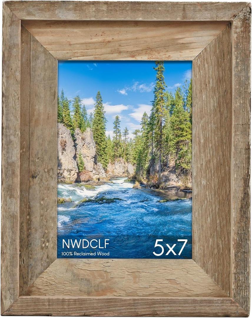 Rustic 5x7 Picture Frame, Reclaimed Barnwood Photo Frame with Real Glass, Distressed Natural Wood Frame for Wall and Tabletop Display, Farmhouse Country Home Office Cabin Dcor