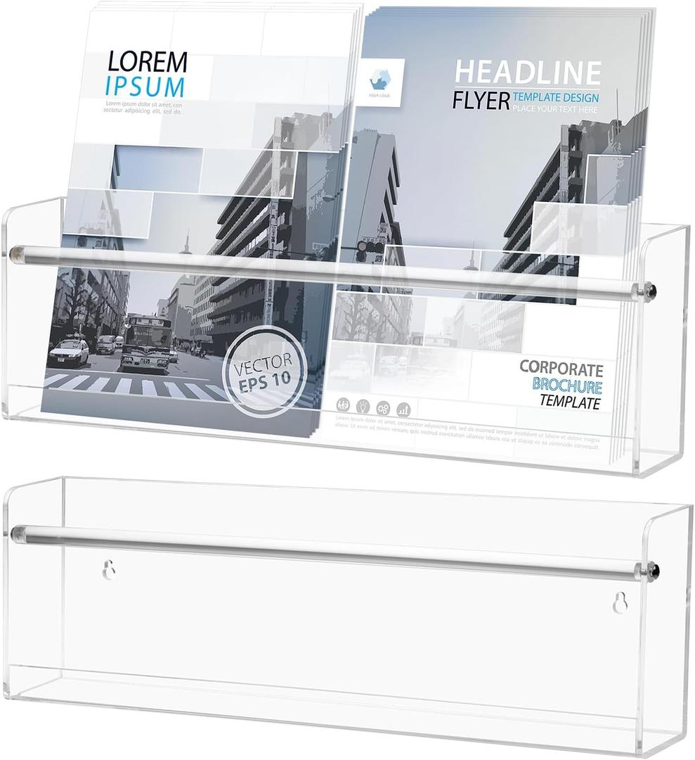 Clear Acrylic Wall Magazine Holder & Brochure Holder, Nursery Book Shelves for School Kids Room Waiting Room Living Room Office Home Display Decor (2 Pack 17 Inch)