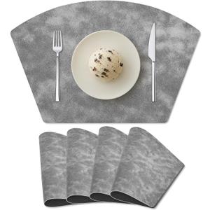 Placemats for Round Table Set of 4, Faux Leather Wedge Shaped Place Mats for Dining Table, Heat Resistant Washable Wipeable Table Mats Reversible, Gray/Dark Gray