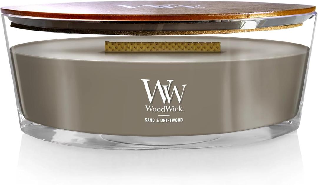 WoodWick Sand & Driftwood Gifts for Women and Men, 16 oz Ellipse Candle with Crackling Wick