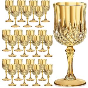 7OZ Plastic Wine Glasses, Disposable Goblets Drinking Glasses Crystal Vintage Water Cups Unbreakable Champagne for Valentines Day, Wedding, Parties (24, Gold)
