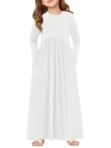 Haloumoning Girls Maxi Dress Long Sleeve Casual Holiday Dress with Pockets for 14 Years White Haloumoning Girls Maxi Dress Long Sleeve Casual Holiday Dress with Pockets for 14 Years White