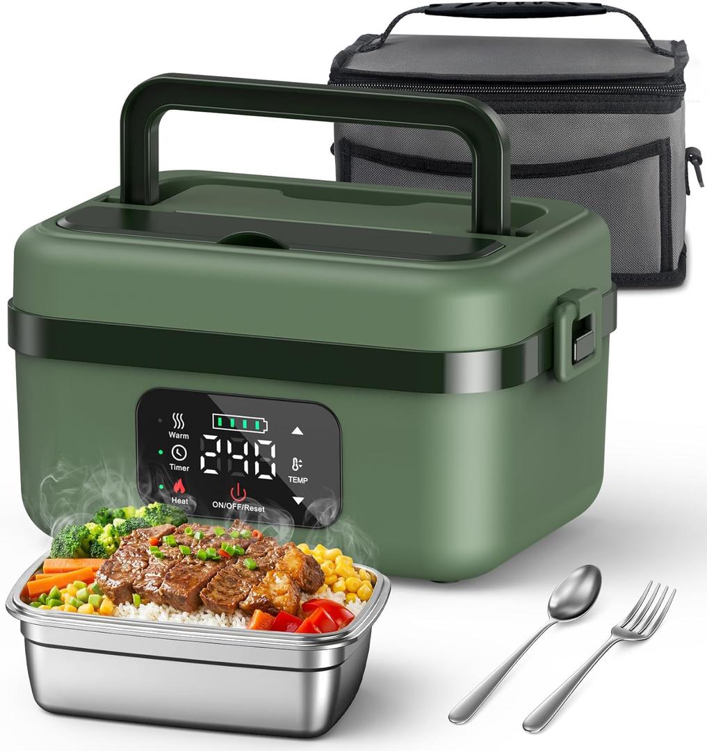 ODSD Cordless Electric Lunch Box for Adults, 16000mAh Rechargeable Self-Heating Lunch Box Food Warmer with Timer & Adjustable Heating, 34oz/1L Container with Insulated Bag for Office Car Outdoor (Green/Dark Green)