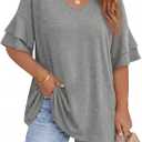 Beautife Womens Plus Size V Neck T Shirts Short Ruffle Sleeve Blouses 2026 Summer Casual Loose Fit Knit Tops (Gray, XXXL)