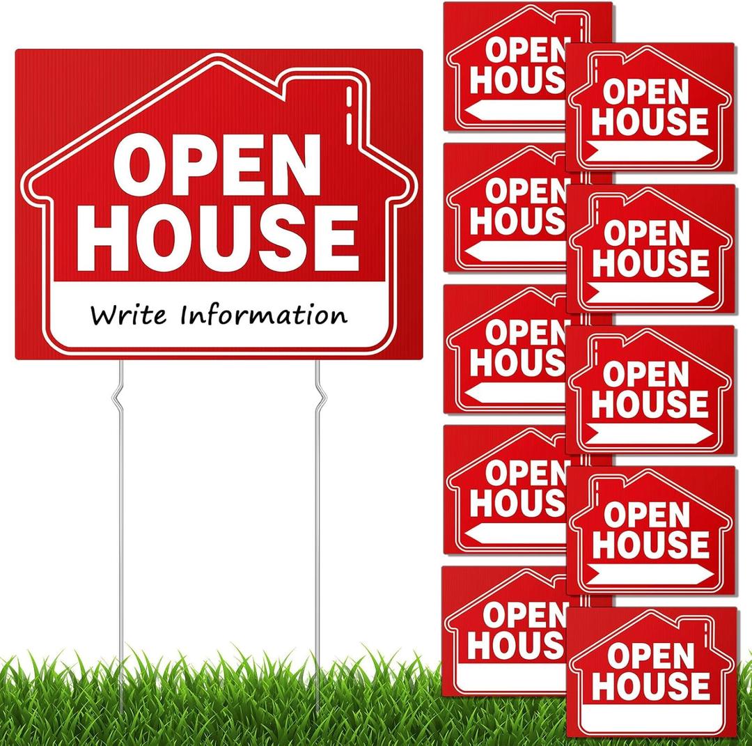 (10 Pack) Open House Signs for Real Estate, 17 x 13 Inch, Double Sided Directional Arrows Yard Signs with Open House Flag/Balloons for Real Estate Agent Supplies, Metal Stakes, Large
