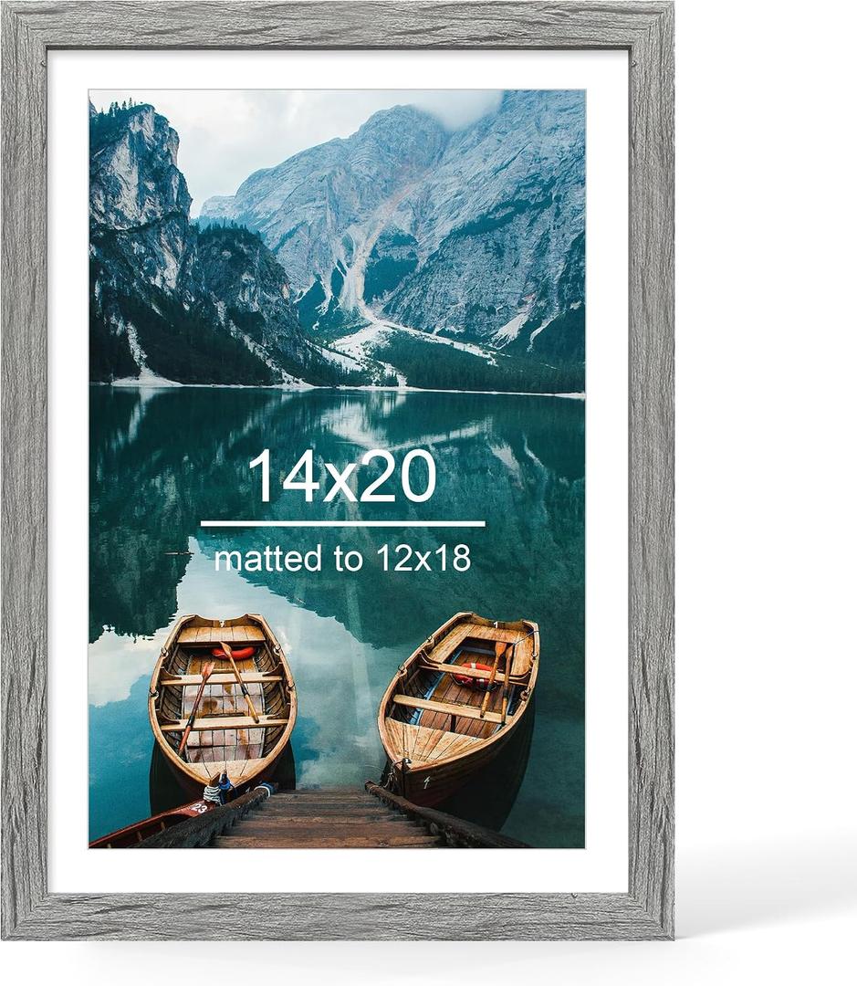 Hongkee 14x20 Picture Frame, Rustic Grey Wood Style - Display Posters 12 x 18 with Mat or 14x20 without Mat, Wall Mounting Horizontal and Vertical, 1 Pack