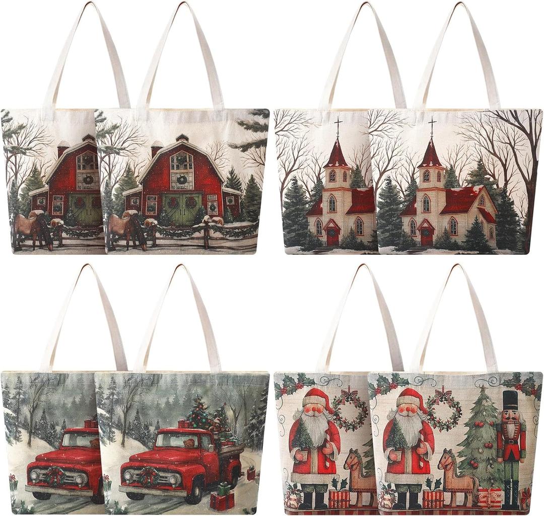 Gilprop 8 Pcs Christmas Canvas Tote Bags Vintage Xmas Truck Santa Claus Nutcracker Grocery Shopping Bags Reusable Xmas Gift Goodie Pouches for Merry Christmas Winter Holiday Gifts Wrapping Storage